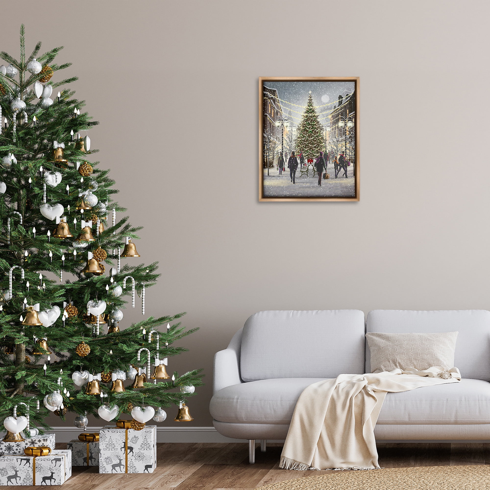 Stupell Industries Town Christmas Tree Holiday Painting Brown Floater Framed Canvas Art Print Wall Art, 25 x 31