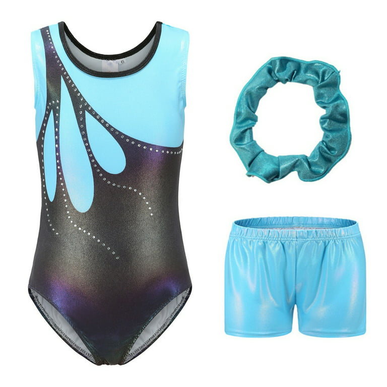 Baywell Girls Flame Sleeveless Athletic Dance Gymnastic Leotards Bodysuit  Outfit with Short and Hair Ring 3pcs Set Blue Black 5-12Y
