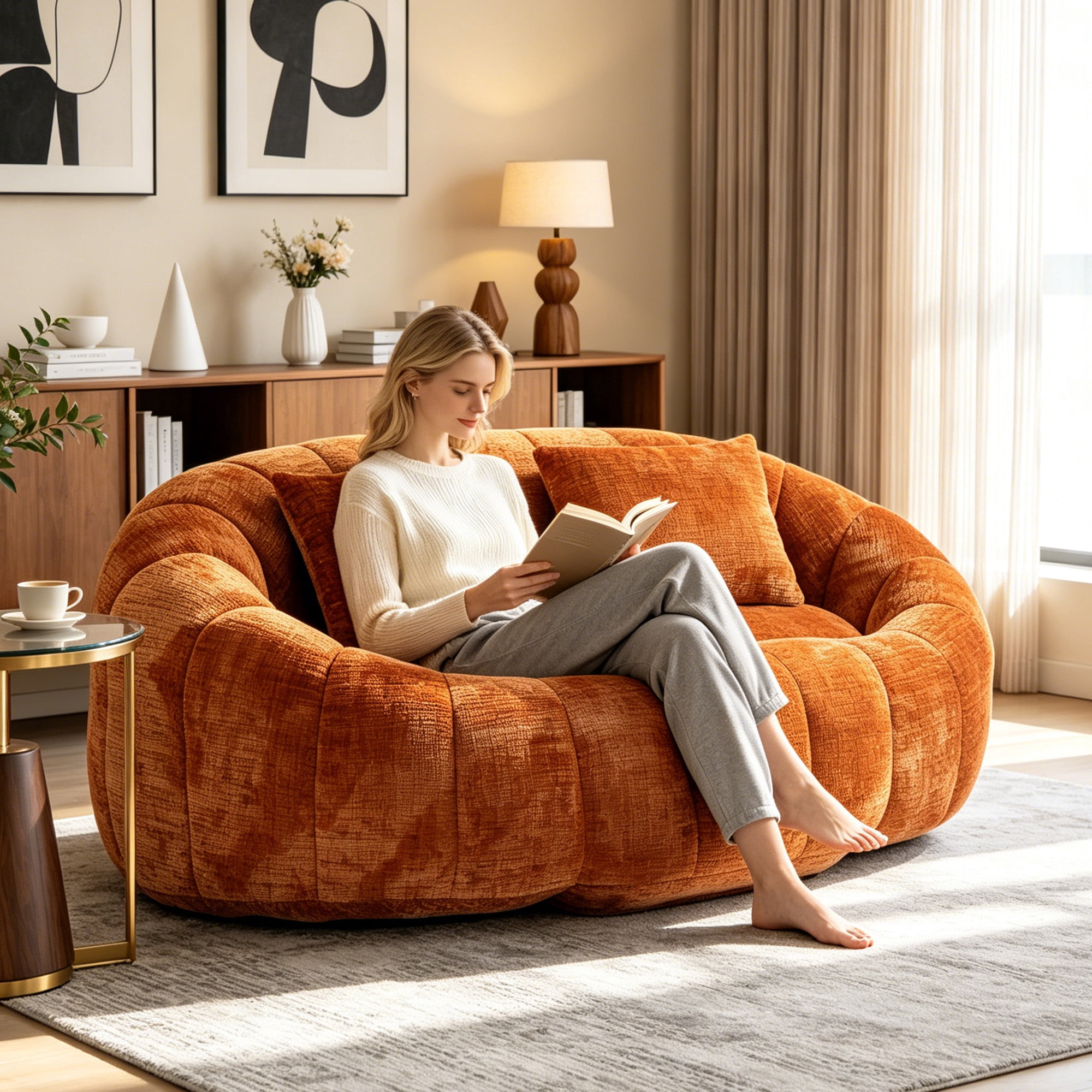 MOONMISS Large 59'' Bean Bag Chair for Adults,Chenille Shell-Shaped Couch with Two Pillows,Oversized Single Sofa,Orange