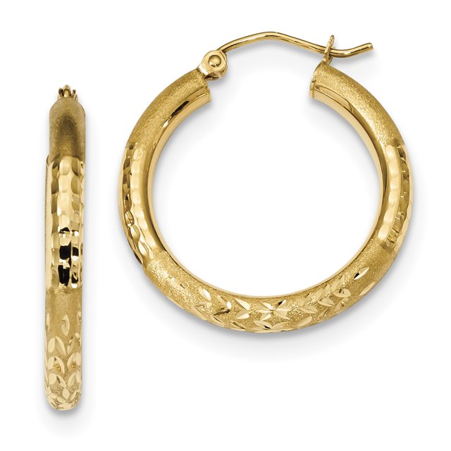 14k Yellow Gold Diamond Cut Hoop Earrings Round