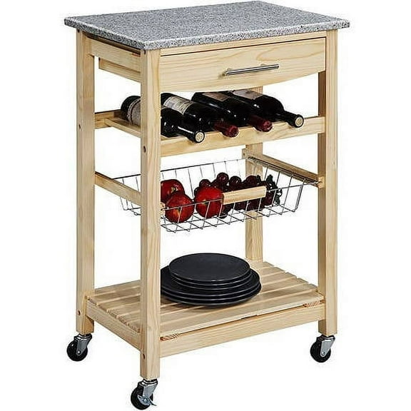 Linon Wood Kitchen Cart Island, 33.8" Tall, Natural Finish with Granite Top