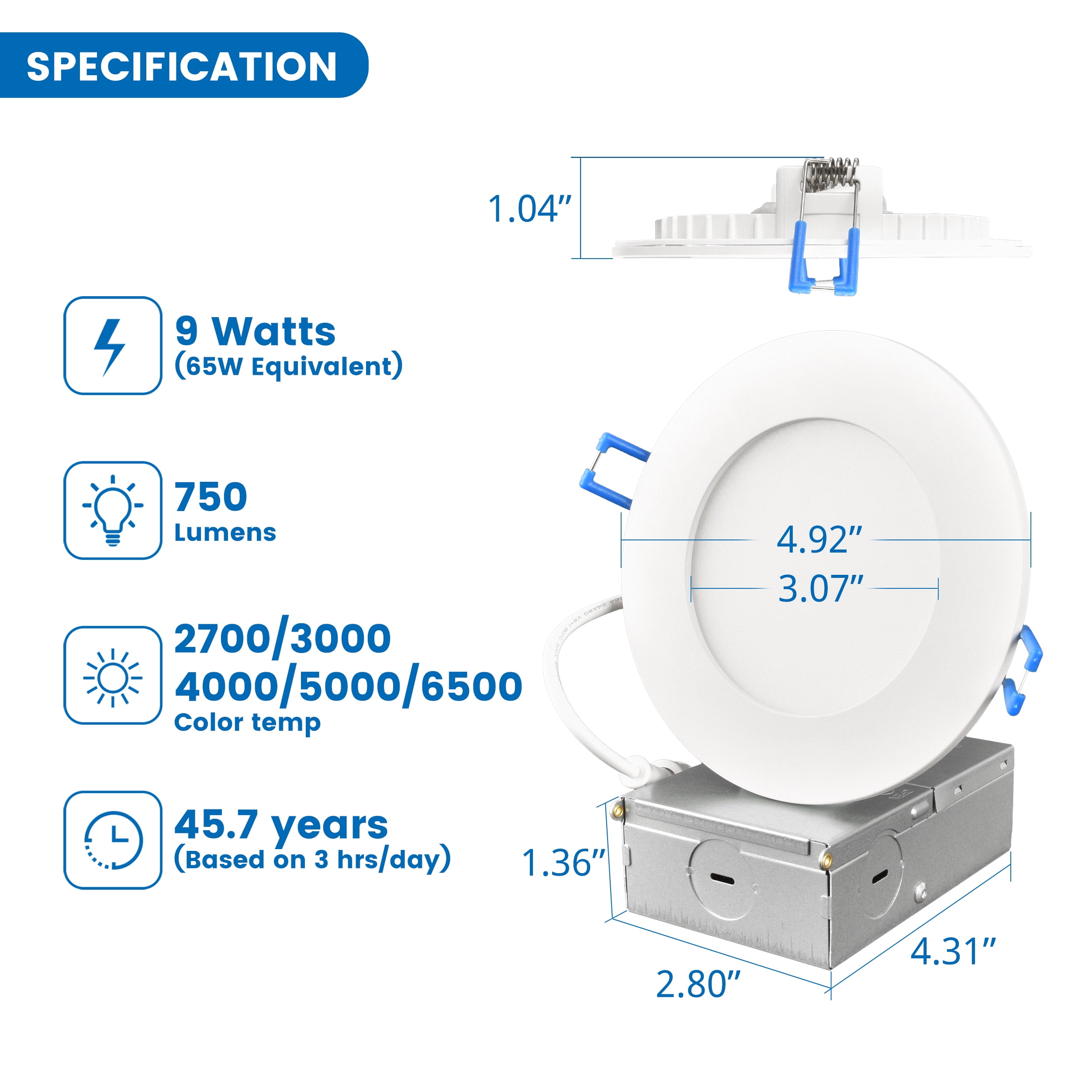 Great Value 4 in LED Canless Retrofit Downlight, 9W, CCT Selectable, J-Box, 4 Pack
