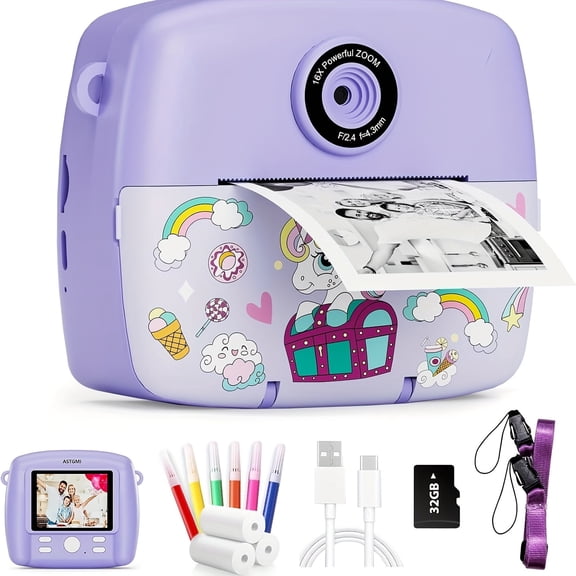 EACOPOL Kids Digital Camera with 32GB SD Card, 12MP Photo & 1080P Video, Cute Unicorn Case, 2.4" IPS Screen, Games, Filters & Frames, Rechargeable Toy Camera for Girls & Boys Ages 3–10 (Purple)