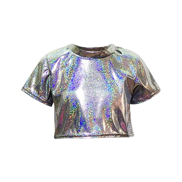 Tenue de Performance pour Enfants T-shirt à Paillettes à Manches Courtes avec Taille Apparente et Nombril Col Rond Élastique