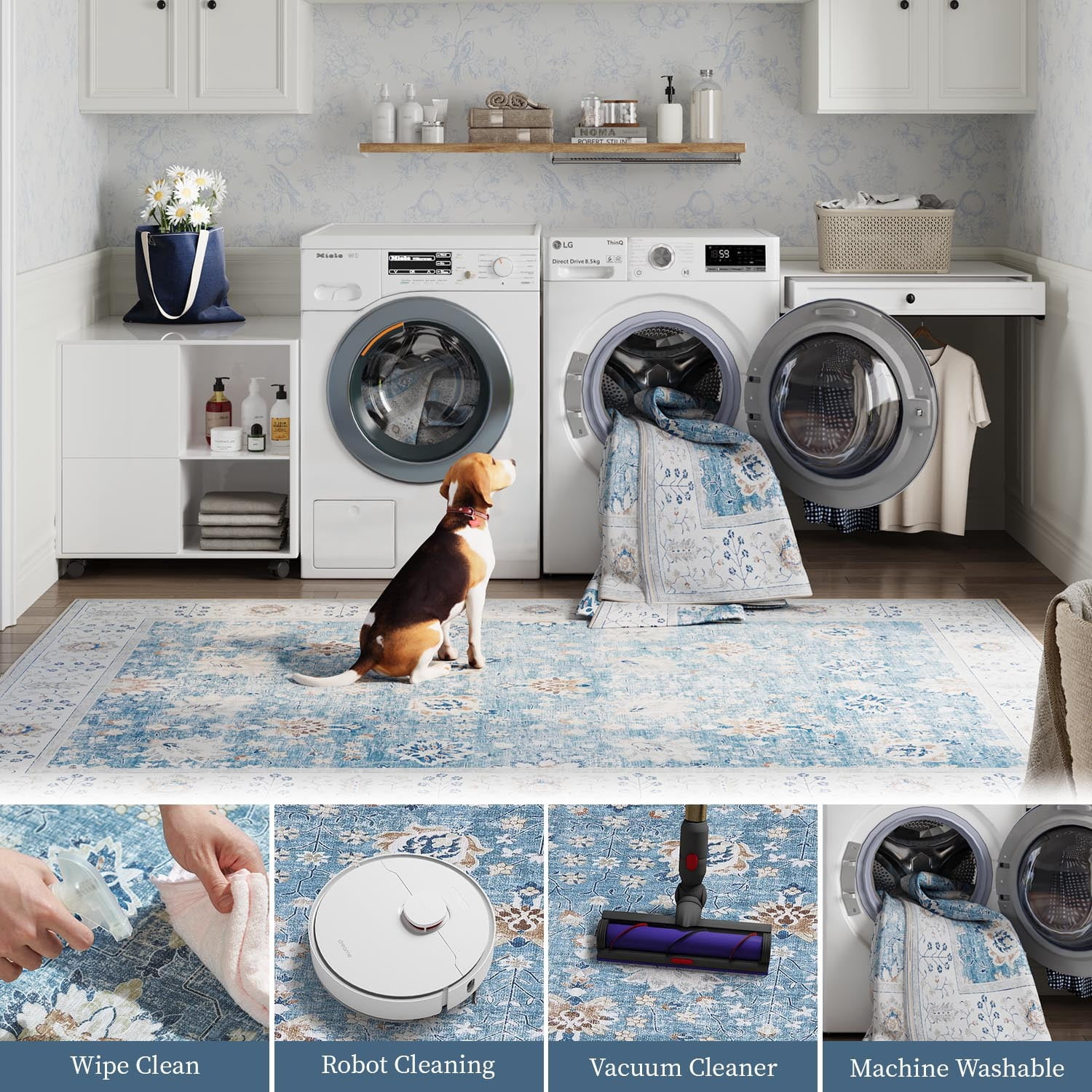 RUGKING Entryway Rugs 2x5 Blue Runner Rug Floral Non-Slip Vintage Area Rug Thin Mat Indoor Rug for Bedroom Kitchen Hallway