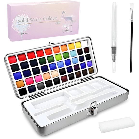 Watercolor Paint Set,50 Colors in Portable Box,Water Colors Paint Adult Set with Watercolor Brushes,Water Color Set for Beginners & Professionals, Perfect Travel Watercolor Set for Artists
