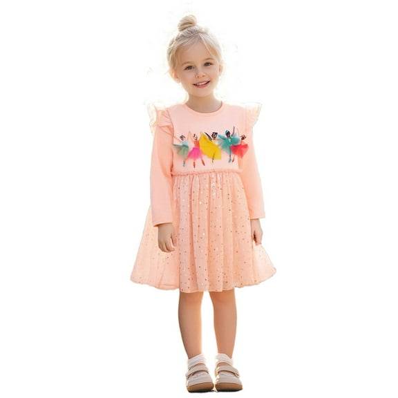 Emy Dola Little Girl Long Sleeve Tutu Dress Cotton Casual Applique Tulle Dresses Tollder Kids A-line Christams Party Dress