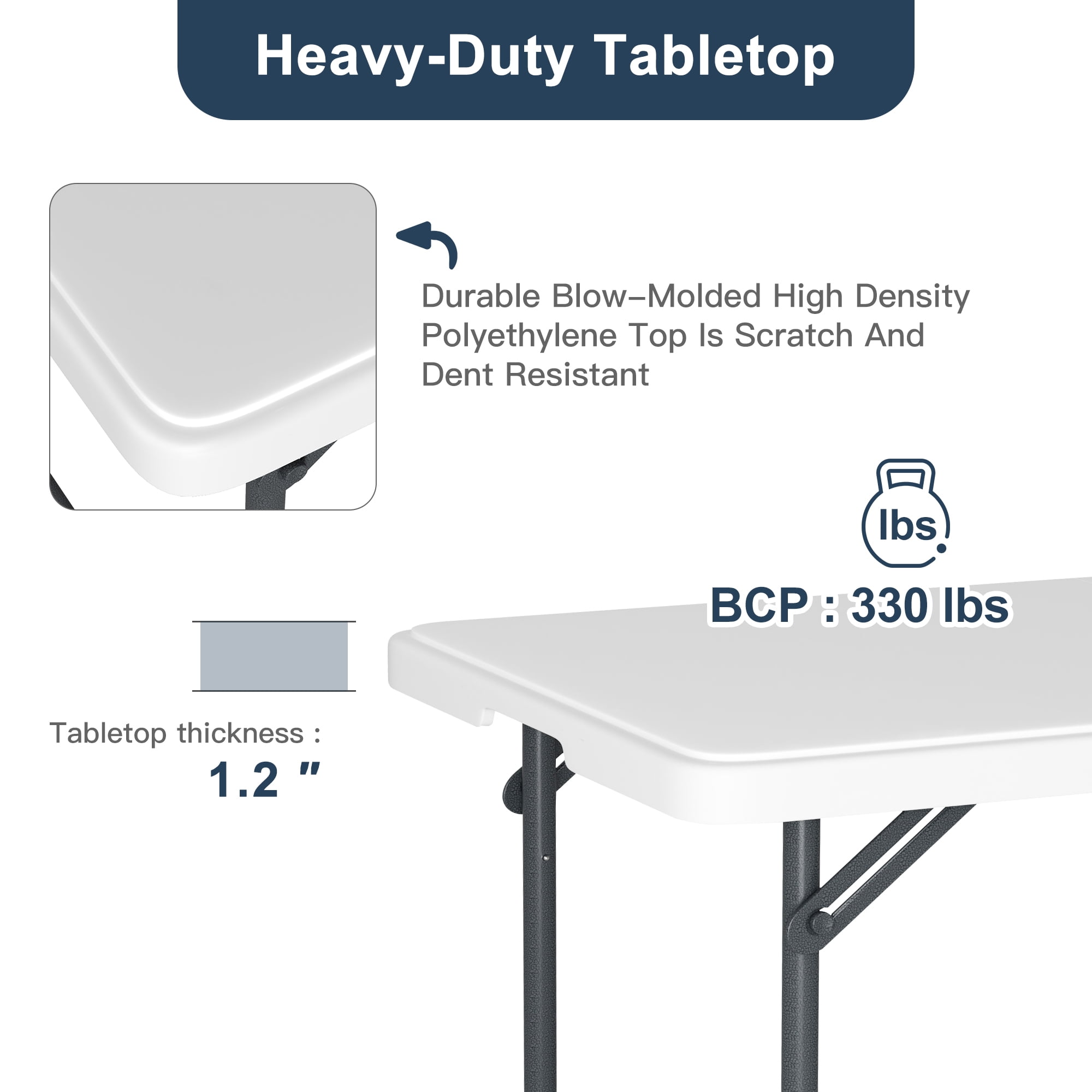 Demi Bonn 4ft Plastic Folding Table with Height Adjustable, Multipurposedoor Outdoor Duty Portable Rectangle Table with Handle, Lock for Picnic, Party, Camping, White