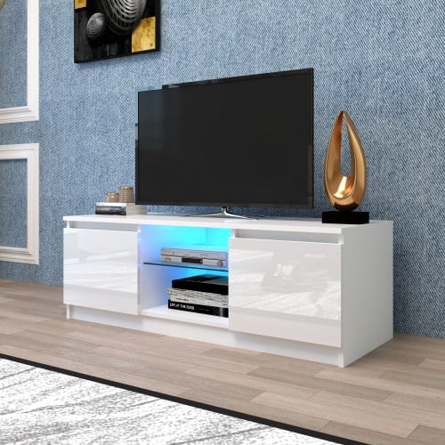 Modern Tv Stand With Led Lights Cabinet 2 Drawers Entertainment Center Unit High Gloss Board For Home Living Room Furniture Com Modern Tv Stand With Led Lights, Furniture Home Entertainment Tv Console