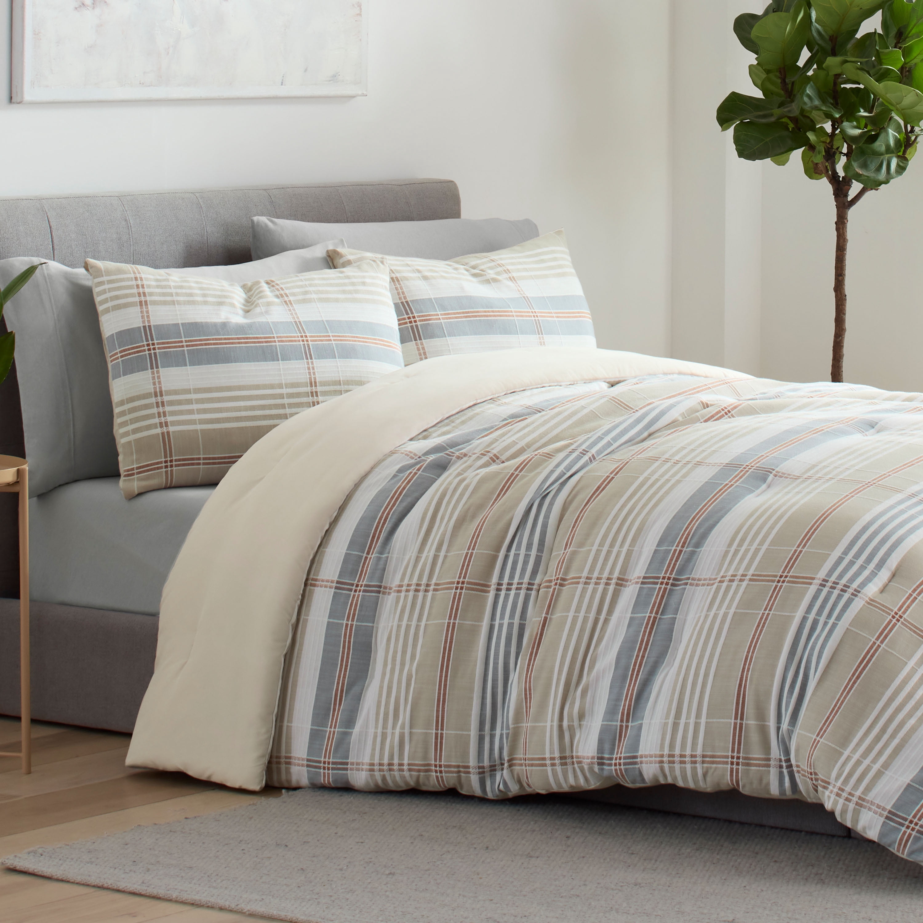 Vellux Oslo Plaid 2-Piece Cotton Comforter Set, Down Alternative, Twin, Taupe