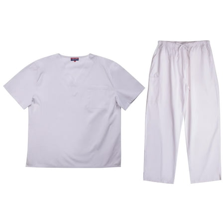 

Tropi Mens Scrub Sets - Four Pocket Medical Scrubs Uniform (V-Neck with Cargo Pant) (White Large)