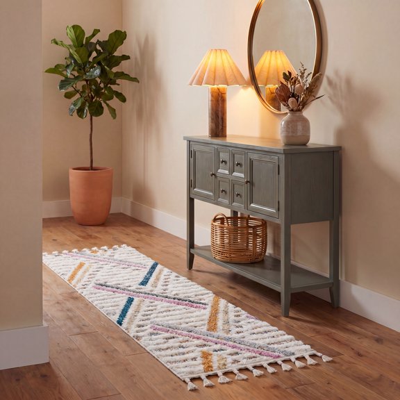 Safavieh Moroccan Fringe Billy Geometric Striped Shag Runner Rug, Ivory/Gray, 2'2" x 8'