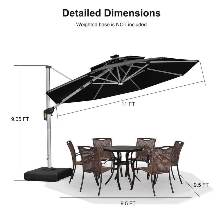 11-foot solar-powered cantilever patio umbrella Deluxe Sunbrella Fabric Outdoor Umbrella Sunrise Umbrella for stability FLAME&SHADE 11ft LED Offset Outdoor