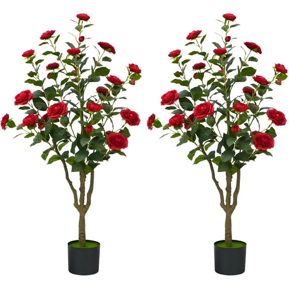 2Pcs Artificial Camellia Tree, 3.95ft Faux Camellia Plant Set of 2 Simulated Potted Plants,Suitable for Indoor Outdoor Home Garden Potted Plants