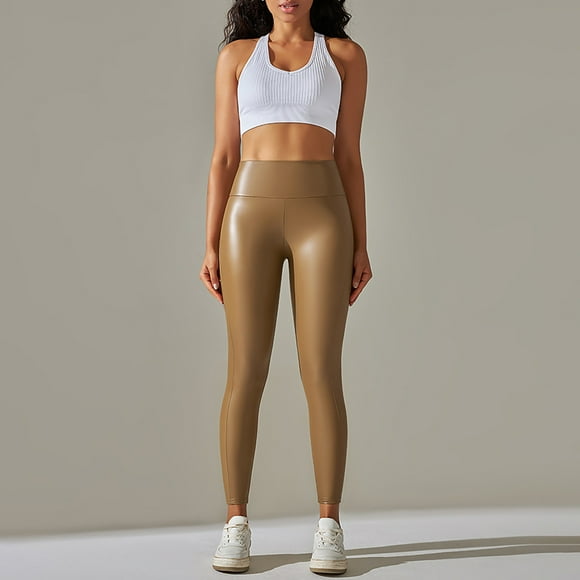 Bmisegm Women High Hip Tight PU Leather Fashion Stitching Sports Run Fitness Yoga Pants Yoga Pants 2024 Yellow L