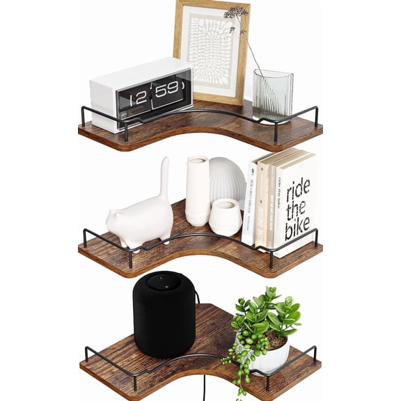 L-Shaped Corner Floating Shelves Set of 3,Rustic Wood Wall Mounted Storage Shelves Display 35 Pounds, Brown