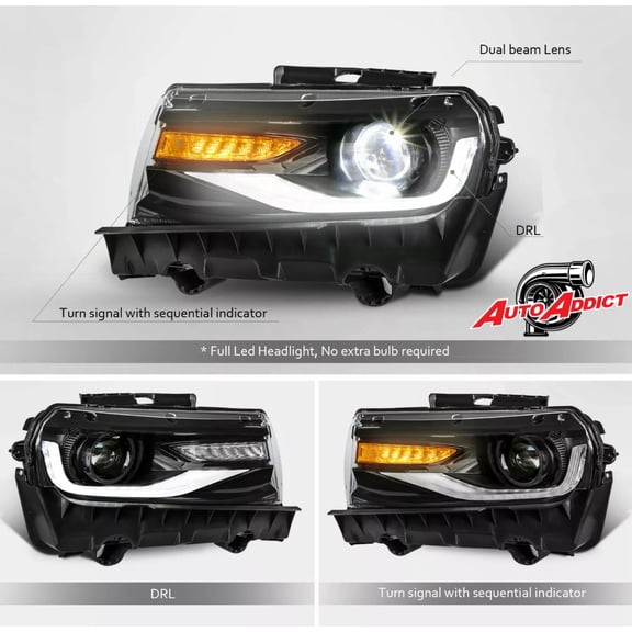 Auto Addict 6th Gen Style Headlights Compatible with Chevy Camaro 2014-2015 – 2-Pack Headlights Projector LED DRL'S