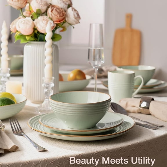 Jupiter Dinnerware Set, Plates and Bowls Dish Sets for 4 (12 Pieces), Microwave and Dishwasher Stoneware Speckled Tableware, Chip and Scratch Resistant, Light Green