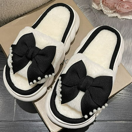 

CoCopeaunt 2022 Fashion Bowknot Design Platform Height 4cm Fluffy Fur Slippers Women Winter Warm Closed Plush Home Slippers Women Shoes