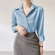 thumbnail image 5 of Camisa de satén francés de lujo para mujer con botones: camisa de vestir profesional azul resistente a las arrugas para primavera y otoño de 2024, 5 of 5