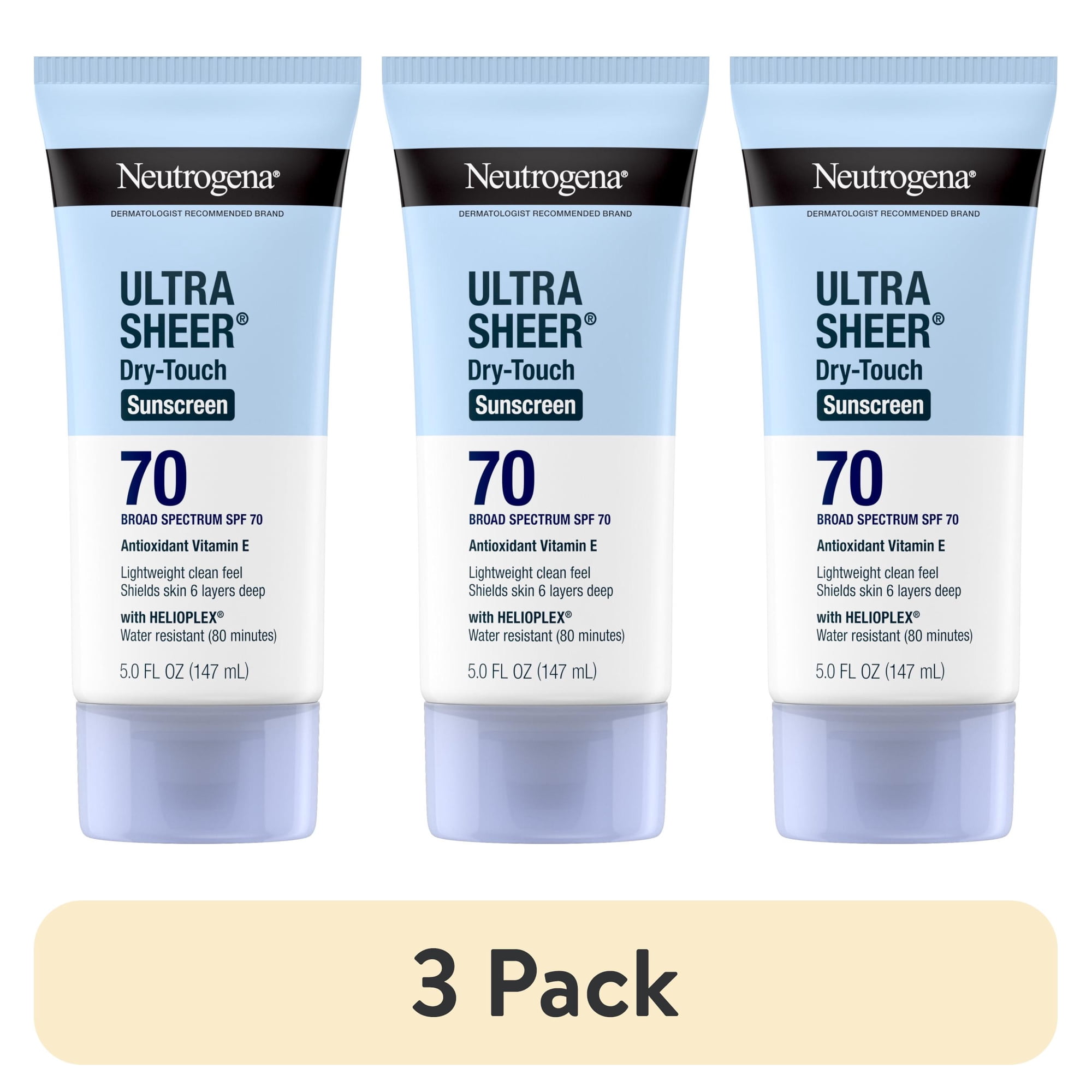(3 pack) Neutrogena Ultra Sheer Sunscreen SPF 70 Body Sunscreen Lotion, Dry-Touch Sun Protection, 5 fl oz