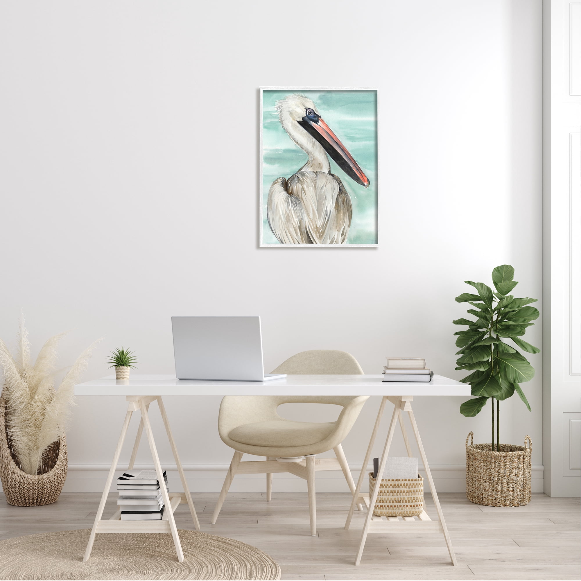 Stupell Industries White Coastal Pelican Watching Calm Water Sea Painting White Framed Art Print Wall Art, 24x30, by Jennifer Paxton Parker