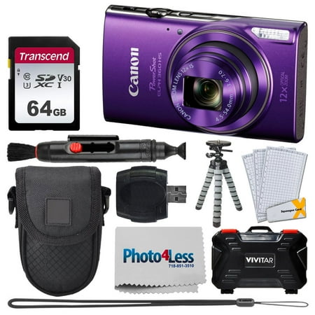 - Canon PowerShot ELPH 360 HS Digital Camera (Purple) + Transcend 64GB Memory Card + Point & Shoot Camera Case + Vivitar Memory Card Case (24 Slots) + Flexible Tripod + USB Card Reader + Accessories