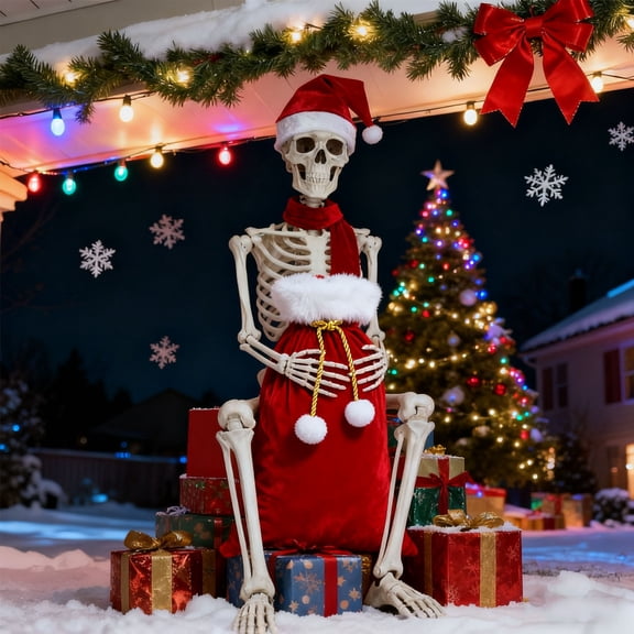 Giant Skeleton Christmas Outfit,12ft Skeleton Christmas Accessories Costume Including Giant Santa Hat,Gift Bag,Scarf for Garden Lawn Indoor Outdoor Decor