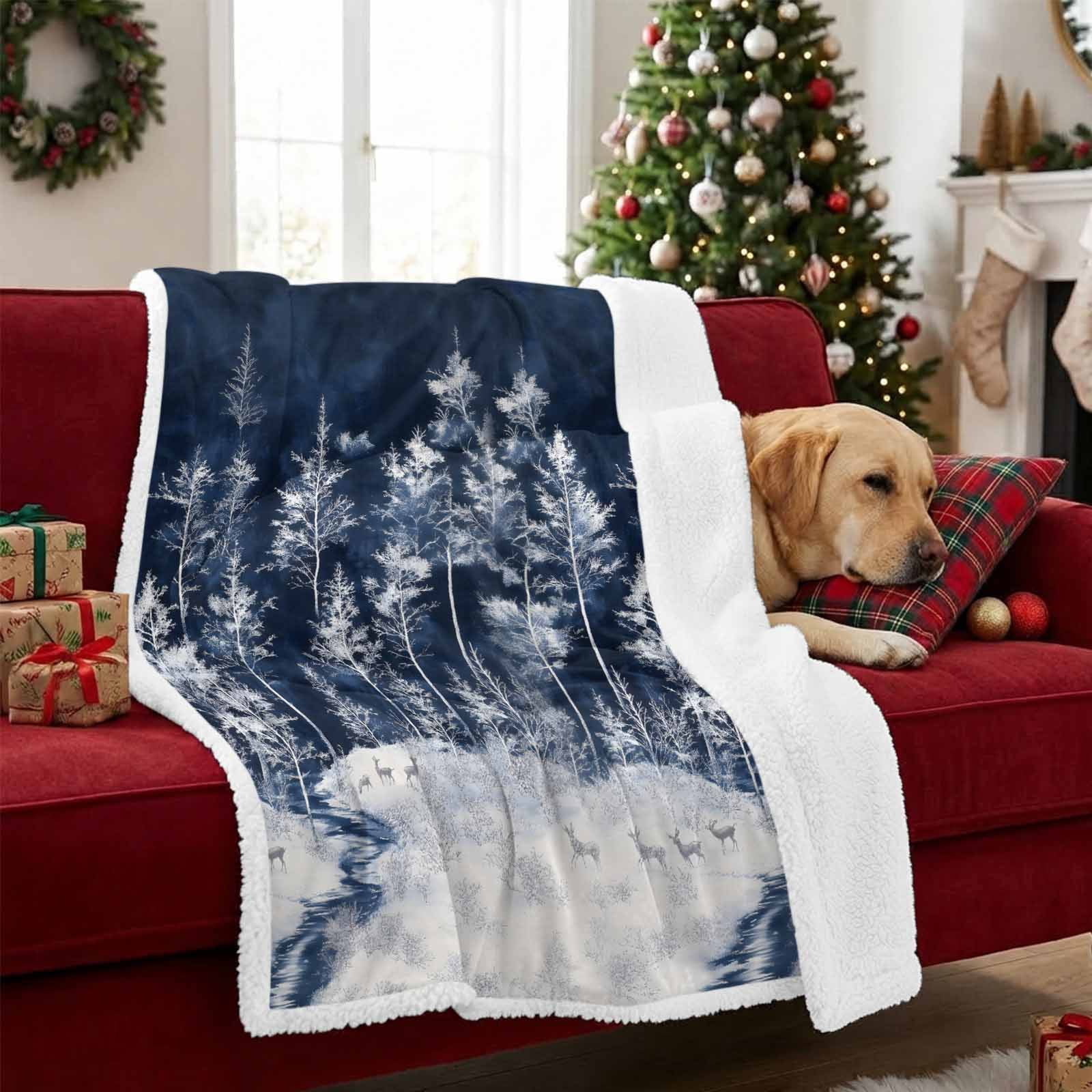 Sherpa Blankets Fleece Throw Blanket Reversible Soft Cozy Bed Blankets Winter Forest Elk Pine Trees,Flannel Sofa Throws,Snowfield Reindeer Trees Fuzzy Warm Blankets for Couch,50x60in