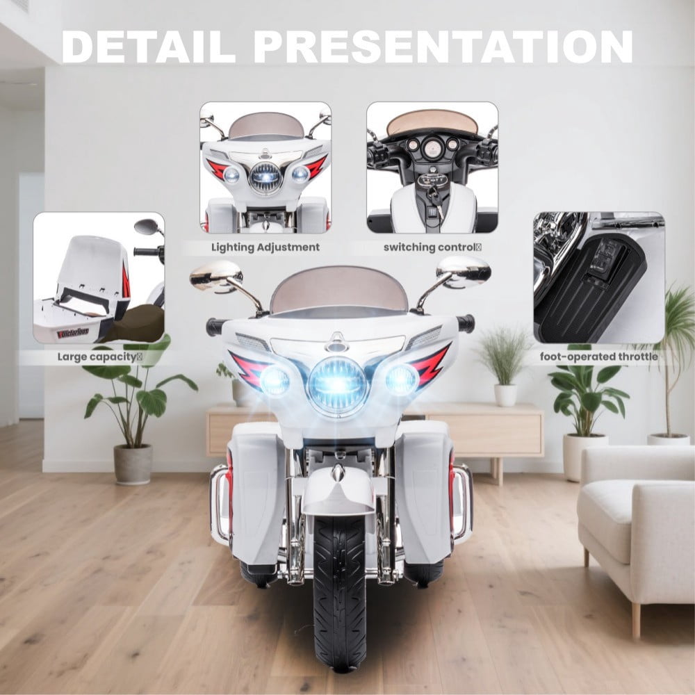 DNWRZCJXY 12V Kids Electric Motorcycle for Ages 3-8 | ASTM/CPC Certified 3-Wheel Ride-On Toy with 1-Hour Battery & Bluetooth|Max 100lbs|White