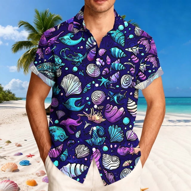Ceisia Men's Relaxed Fit Neon Marine Print Hawaiian Shirt Short Sleeve Beach Vacation Casual Button Down Shirt Gifts