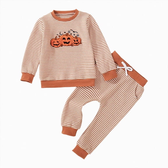 UAYOTSE Baby Boys Halloween Pumpkin Embroidery Outfit Waffle Knit Top Jogger Pants Fall Festival Wear Size 6-12 Months