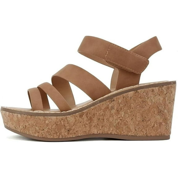Soda Sheet Women Round Toe Multi Strap Wedge Sandals