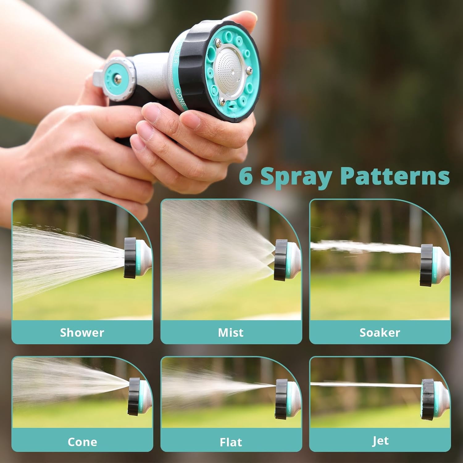Garden Hose Nozzle Heavy Duty, 6 Adjustable Spray Patterns, Water Sprayer Nozzle with Thumb Control & Soaker Mode, Slip Resistant Hose Sprayer Nozzle for Watering Lawn, Car Wash, Pet Cleaning & Patio