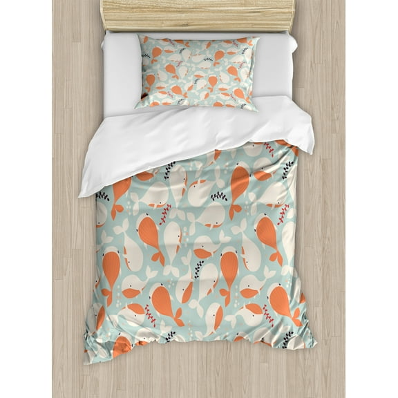 Underwater Duvet Cover Set, Ocean Animal Whales Swimming Pattern Marine Life Illustration, Decorative 2 Piece Bedding Set with 1 Pillow Shams, Twin Size, Salmon Coconut Turquoise, by Ambesonne