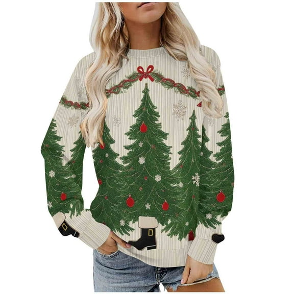 Lorytime Oversized Vintage Sweatshirt for Women Christmas Tree Fleece Shirt Crew Neck Long Sleeve Pullover Tops