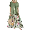 thumbnail image 1 of Bellella Robe Longue pour Femmes Couture de Couleur Robe d'Été Manches Courtes Robes Maxi Boho Col Rond Plage Vert 4TG, 1 of 2