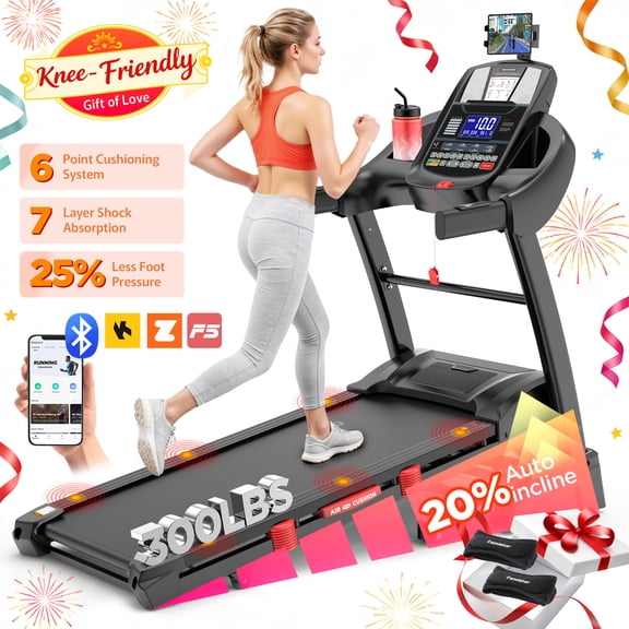 Folding Treadmill for Home with 4.75HP Motor, 20% Adjustable Incline, APP Control, 71 Programs, LCD Display, 300 lbs Capacity, Bluetooth Speakers, Running Walking Jogging, Knee Straps Gift