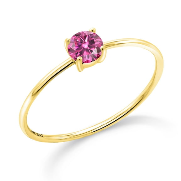 Gem Stone King 10K Yellow Gold Pink Moissanite Engagement Ring for Women | 0.23 Cttw | Round 4MM | Gemstone Birthstone | Size 7