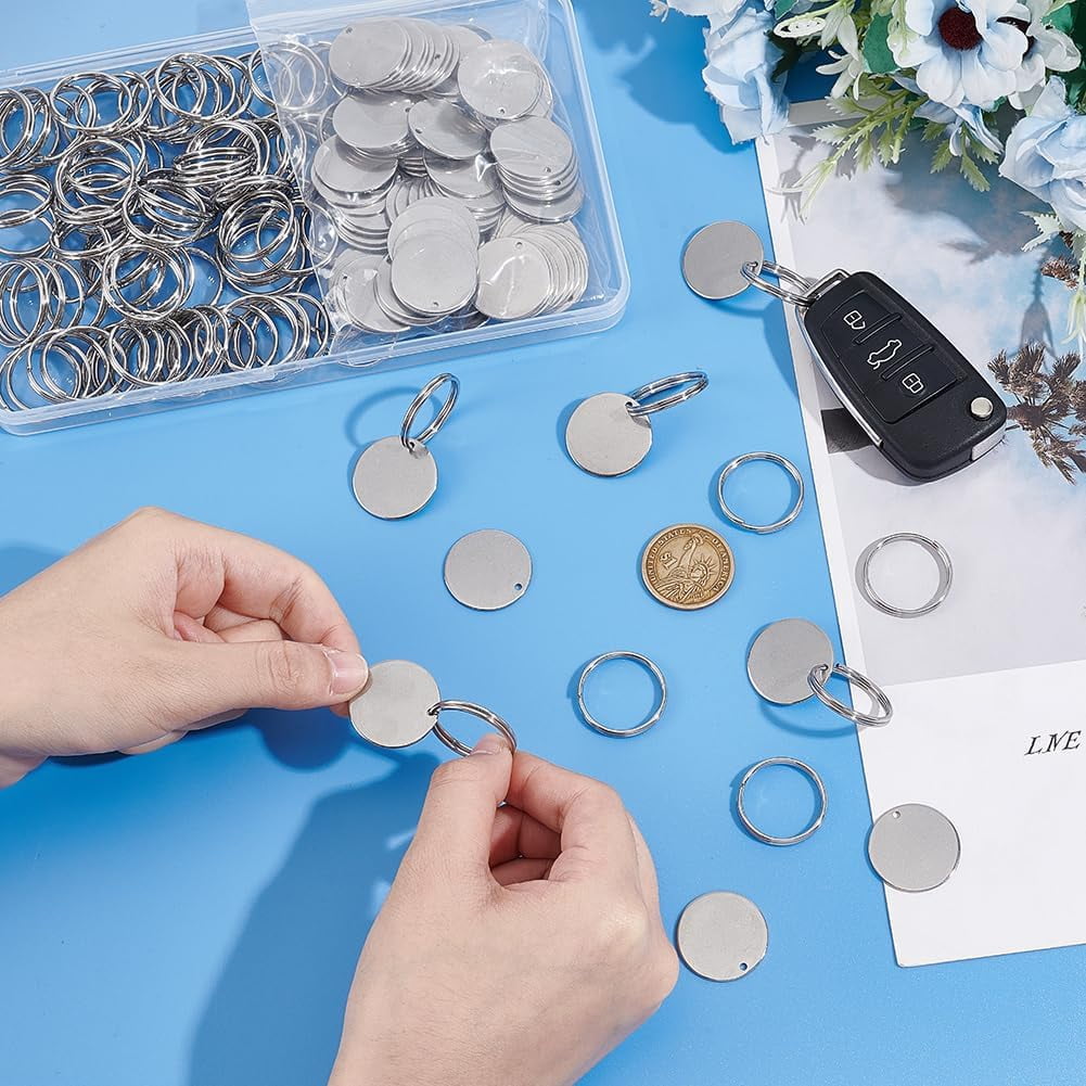 100pcs Round Stamping Blank Tags 25mm Stainless Steel Blanks Keychain Metal Blank Tags Engravable Key Ringwith Hole and 100pcs Jump Ring for Decorative Craft Gift grey
