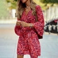 thumbnail image 2 of MORTTIC Plus Size Women's Floral Print Boho V-Neck Long Sleeve Midi Dress with Drawstring Waist Summer Vacation Red，S, 2 of 6