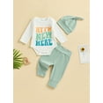 thumbnail image 5 of Aojekbee Baby 3Pcs Spring Outfits Long Sleeve Crew Neck Letter Romper + Pants + Hat Set Infant Clothes, 5 of 10