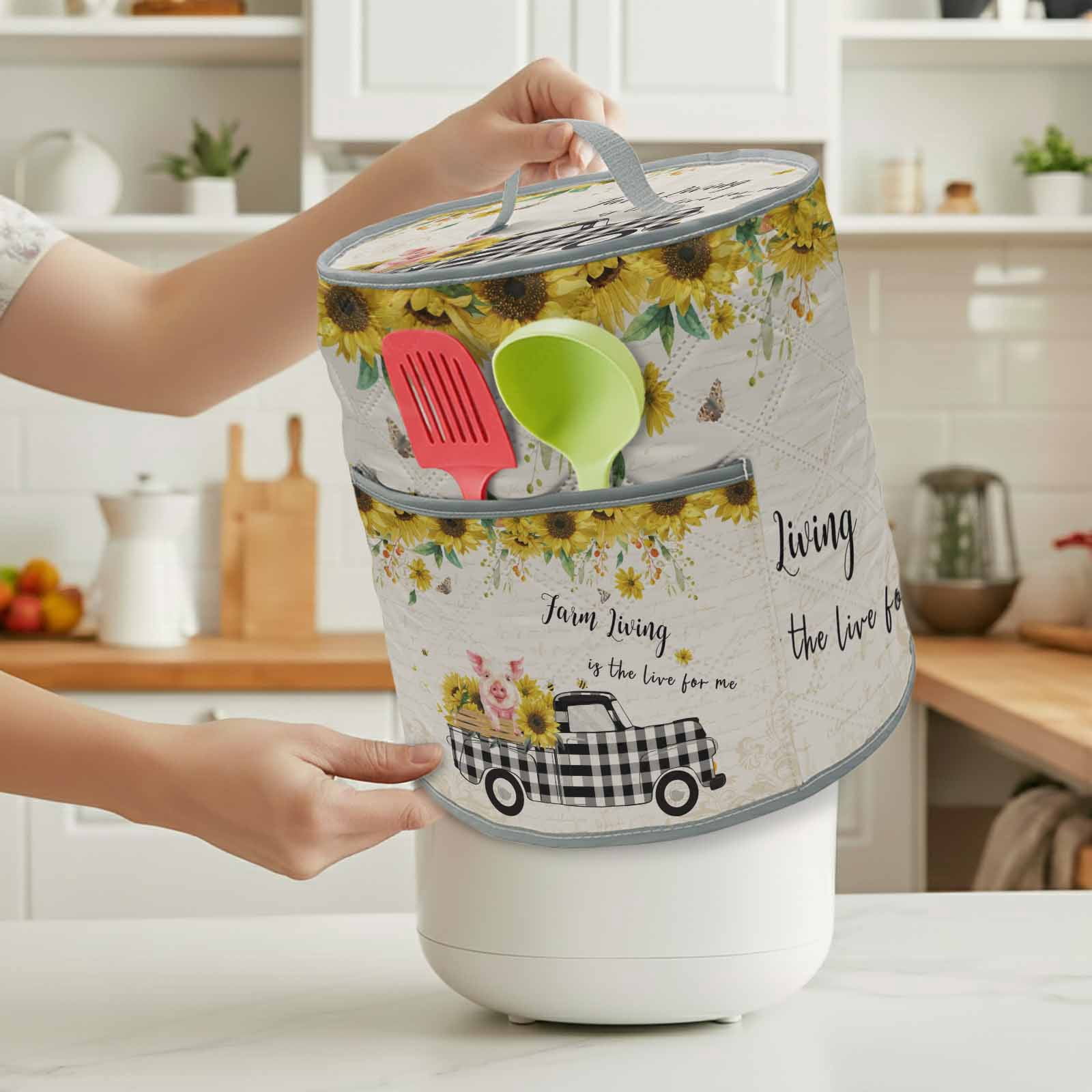 Pig Truck Sunflower Rice Cooker Cover 6 Quart Vintage Farm Loads of Sunshine Pressure Cooker Cover Appliance Protector Dust Case with Pocket and Handle for Kitchen