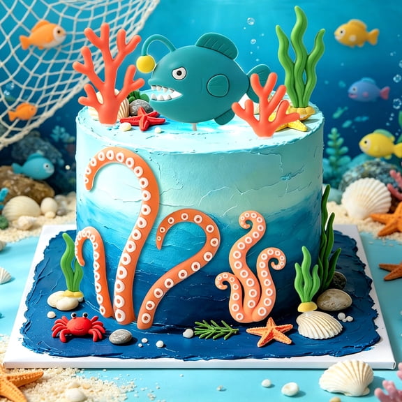 Deep Sea Theme Cake Decorations - Unique Anglerfish Design Party Decor Set