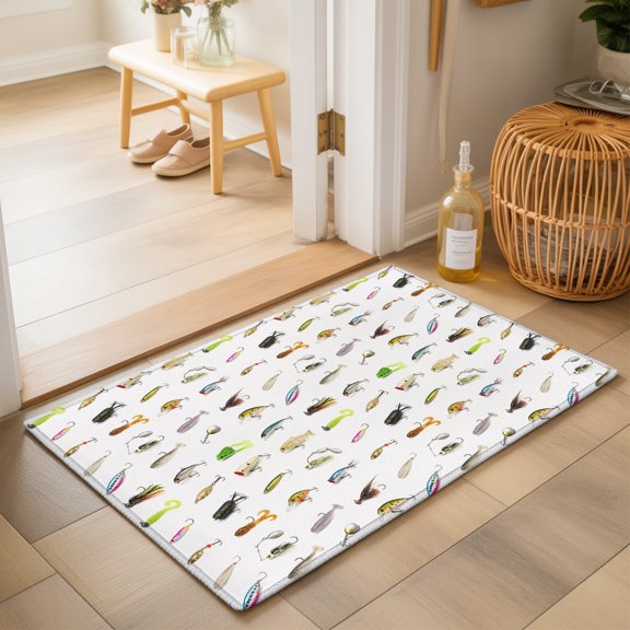 Rustic Fish Hook Washable Small Entryway Area Rugs 2'x3', Minimalist Colored Fishing Bait Modern Art Washable Throw Rug Non-Slip Sturdy Edge Binding Carpet for Front Door Floor Room Entry