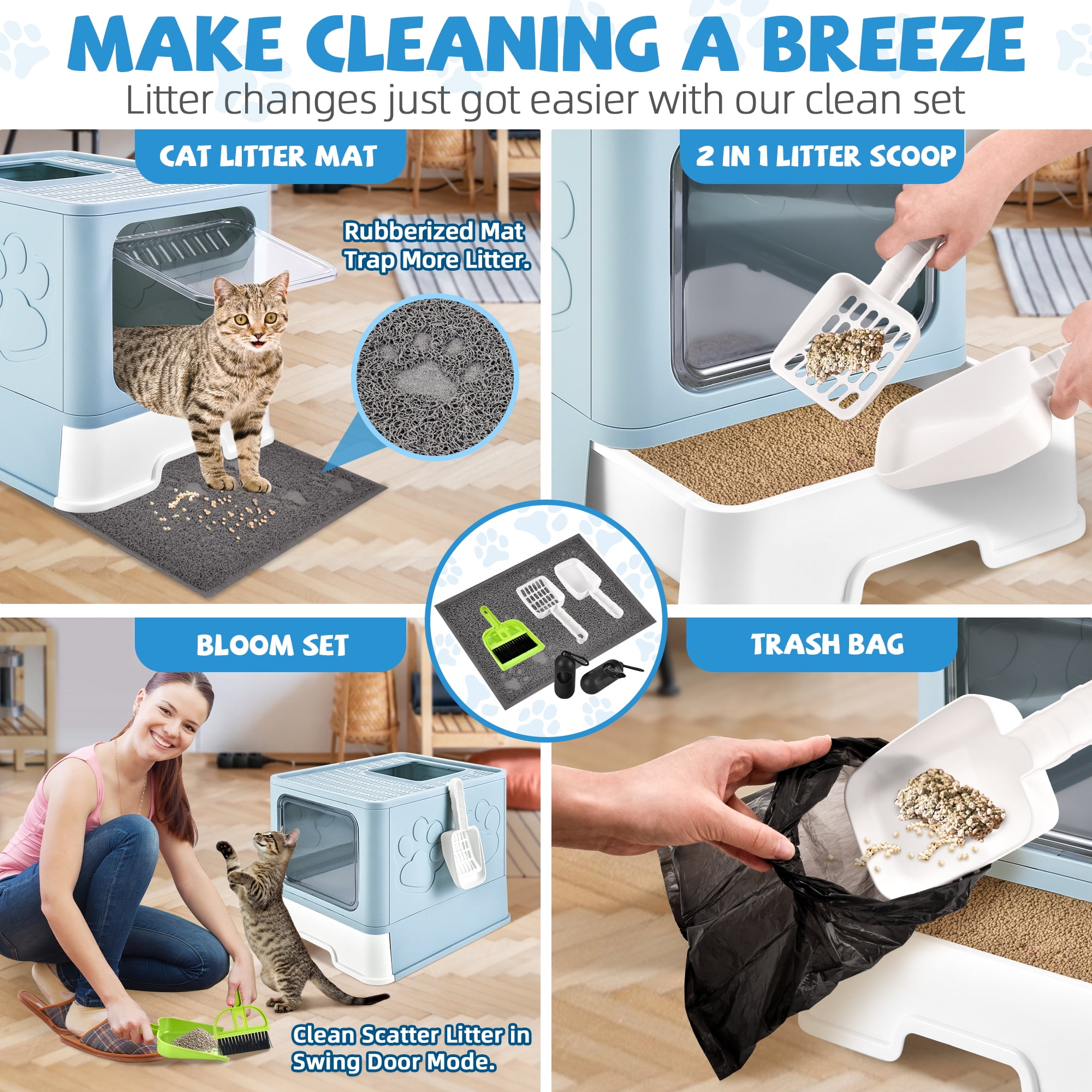 Upgraded Extra Large Cat Litter Box With Scoop, Plastic Standard Enclosed Litter Box, Upgraded Adjustable Door Cat Litter Box With Enlarged Drawer，Light Blue