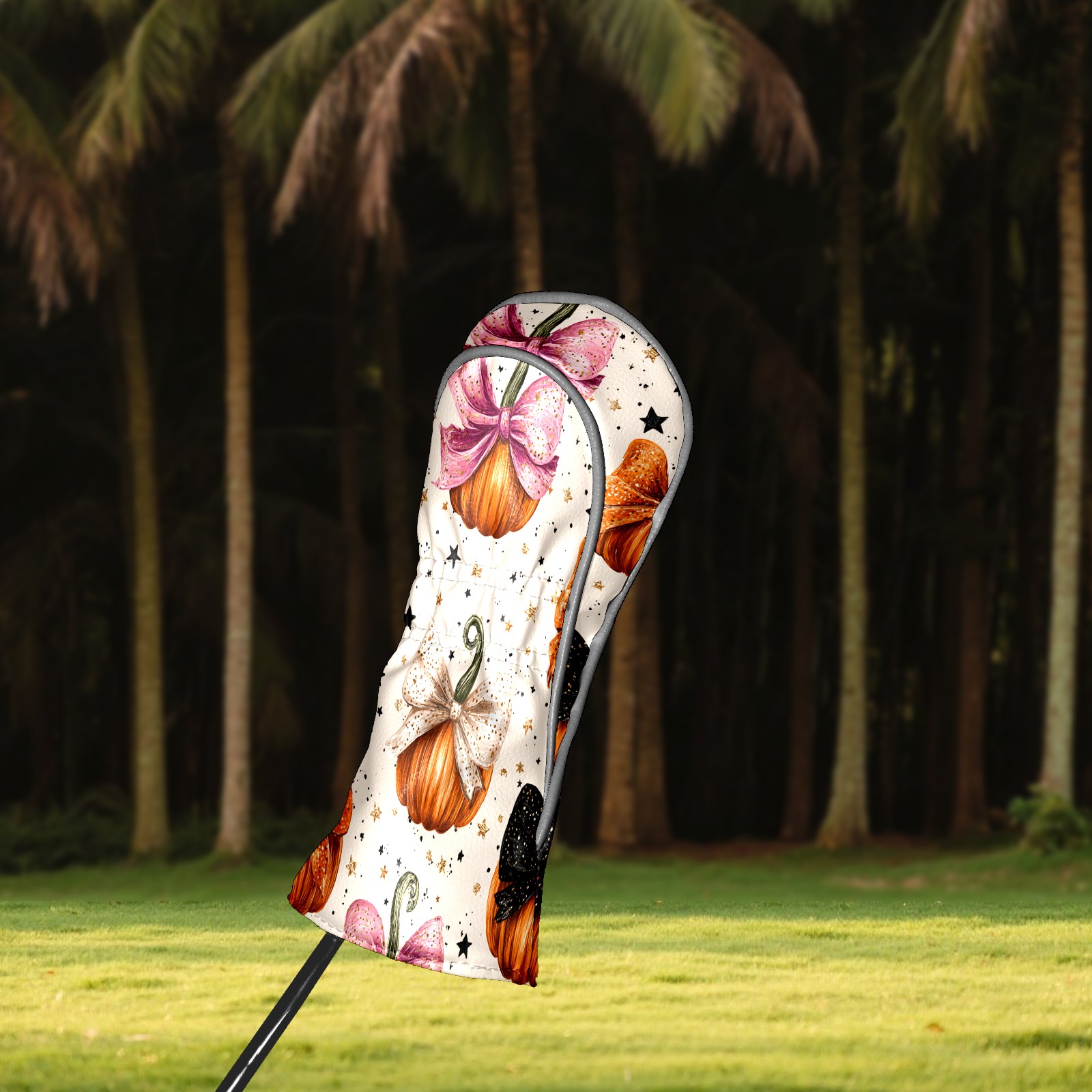 Golf Club Covers, Orange PumpkinBow Premium PU Leather Driver Hybrid Putter Head Covers with Velvet Lining, Waterproof Golf Gifts for Men Women