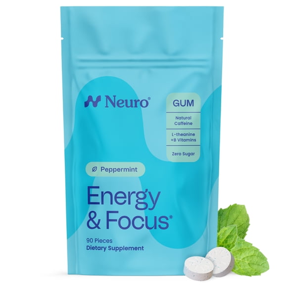 Neuro Energy & Focus Gum with Caffeine, L-Theanine, B Vitamins Peppermint 90 Count Bag