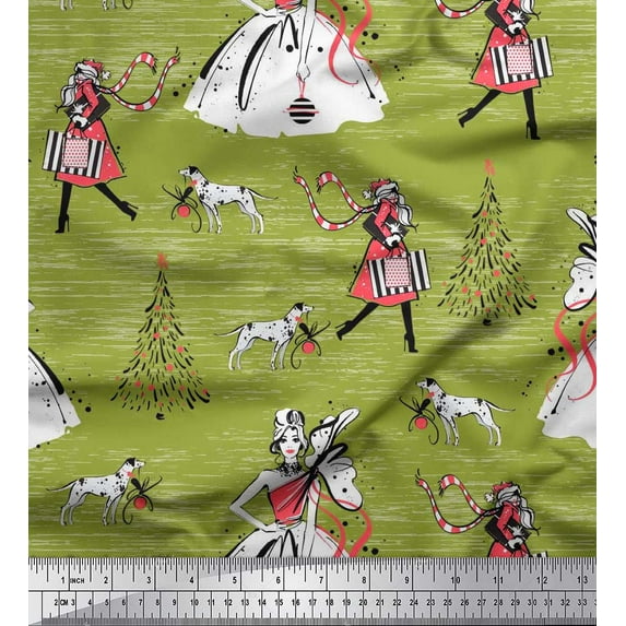 Soimoi Silk Fabric Dog,Women & Tree Christmas Printed Fabric 1 Yard 42 Inch Wide