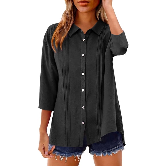 BLVB Womens 3/4 Sleeve Button down Shirts Cotton Linen Tops Lapel Casual Loose Fit Pleated Blouses Spring Summer Clothes